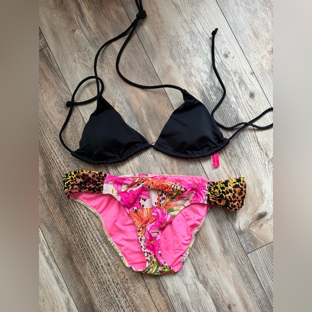 Victoria's Secret Black Triangle Top with Pink Floral & Leopard-Accent Bottoms